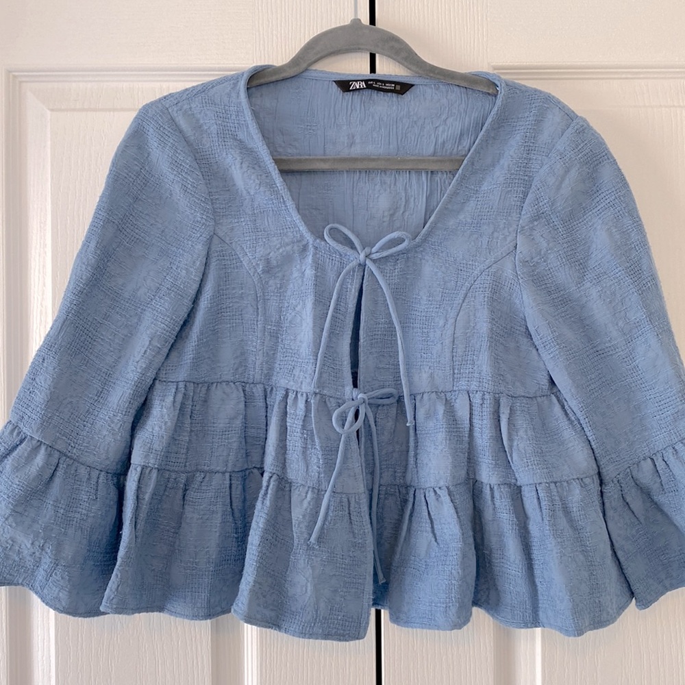 Zara Light Blue Tiered Ruffle Tie-Front Blouse - Picture 2 of 12